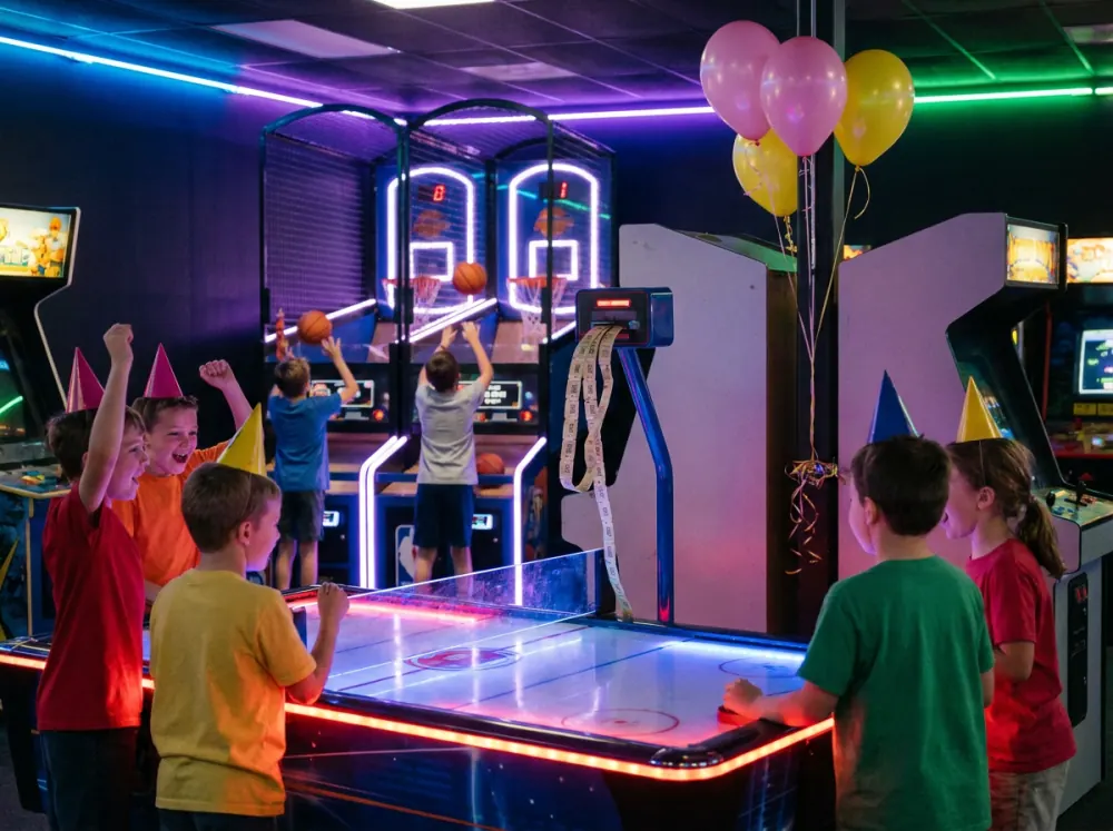 Kids in party hats playing air hockey and arcade games