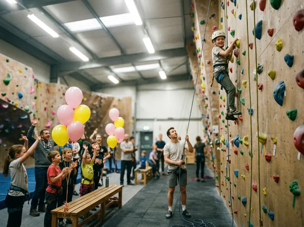 A child climbing a colorful wall while friends cheer at a climbing gym party