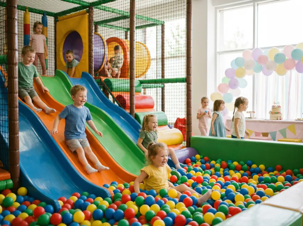 Young children sliding into a ball pit at an indoor playground party