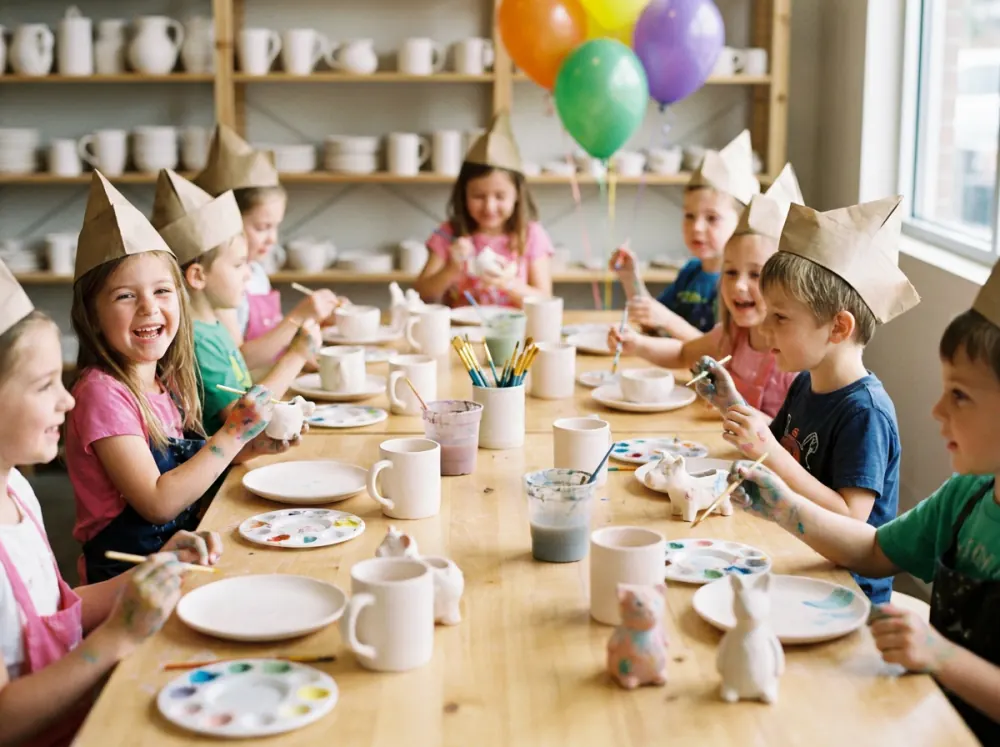 Kids in party hats painting pottery at a studio party