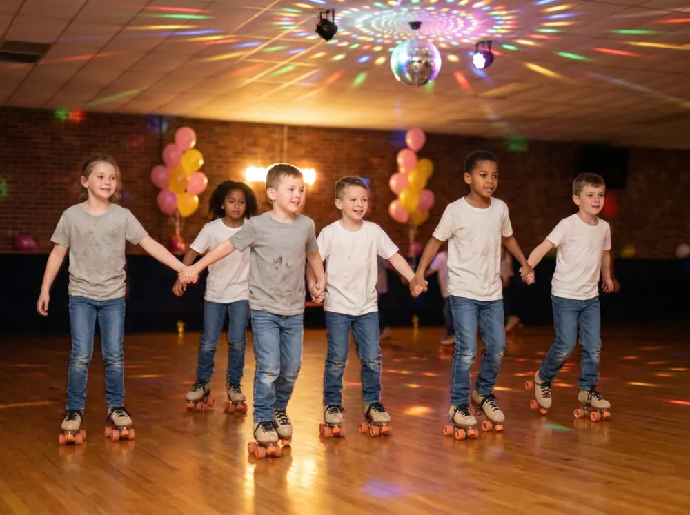 Kids holding hands as they roller skate under disco lights