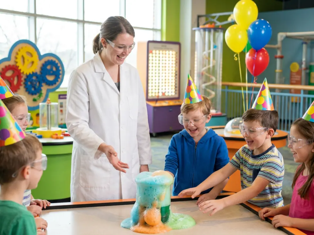 Kids in goggles watching a foaming science experiment at a museum party