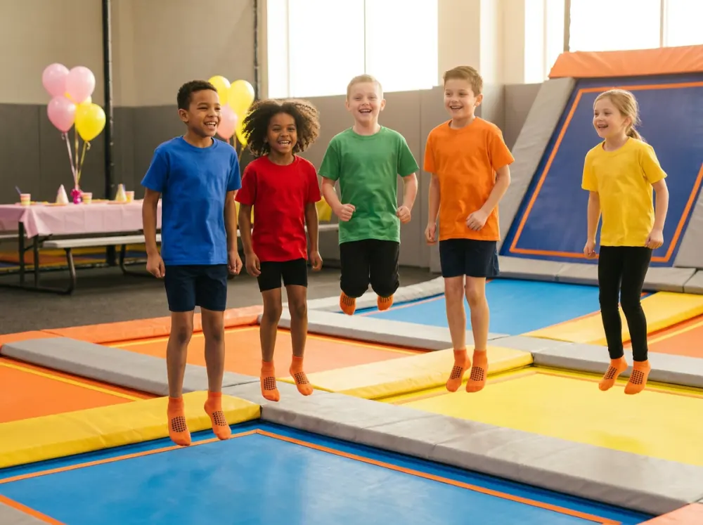 Kids jumping on colorful trampolines at a birthday party