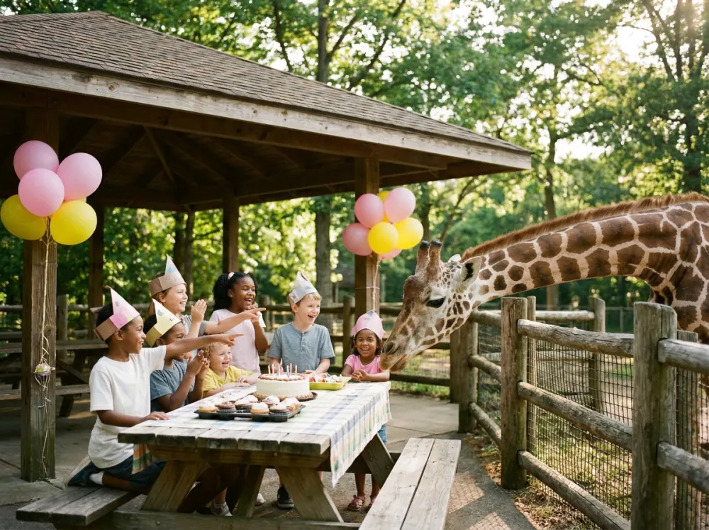 Kids at a zoo birthday picnic watching a giraffe